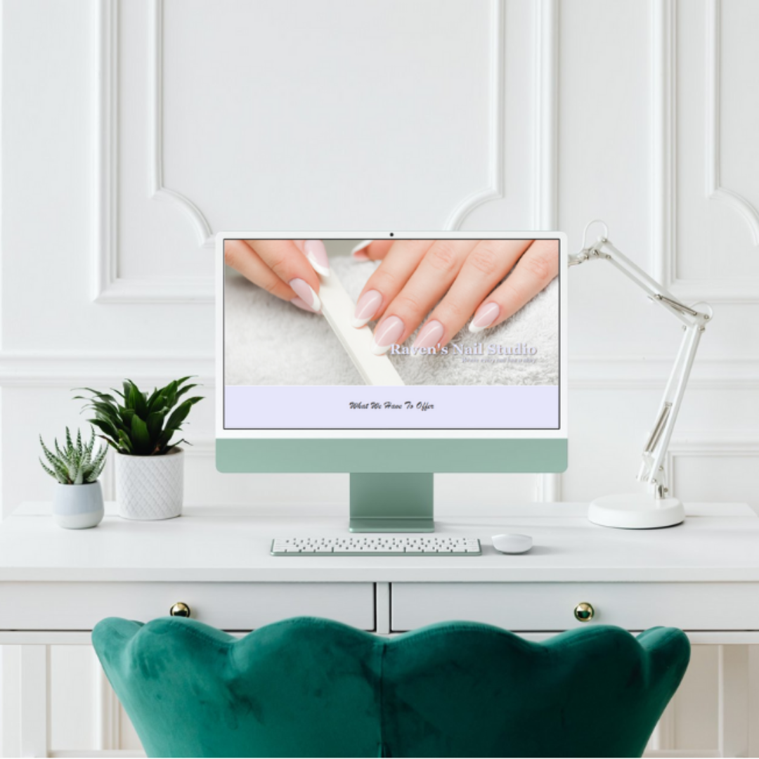 Mockup showcasing responsive e-commerce design and product presentation for a fictional nail salon, demonstrating UI/UX and front-end development skills.